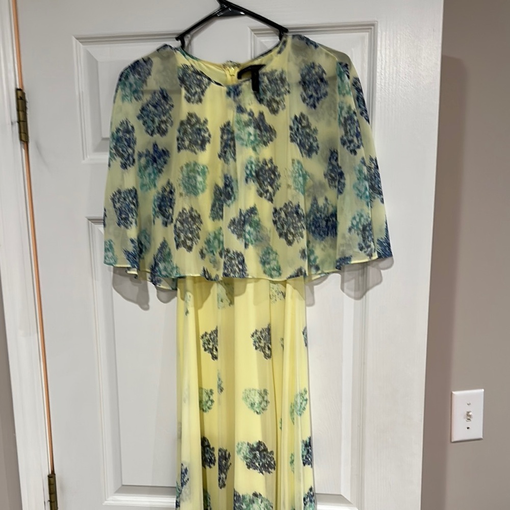BCBGMaxAzria Yellow and Blue Patterned Dress with cape overlay